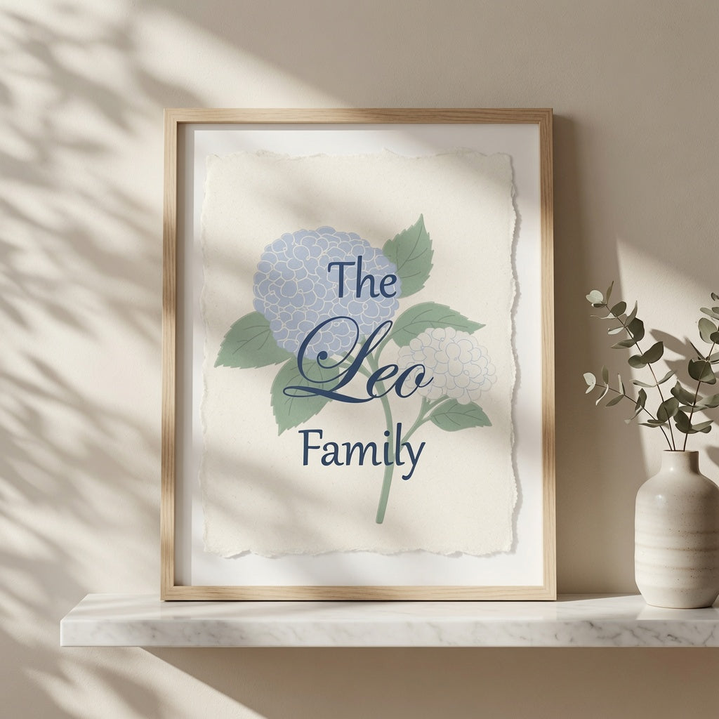 Luxury Custom Family Name Wall Art in Frame – Hydrangea Design