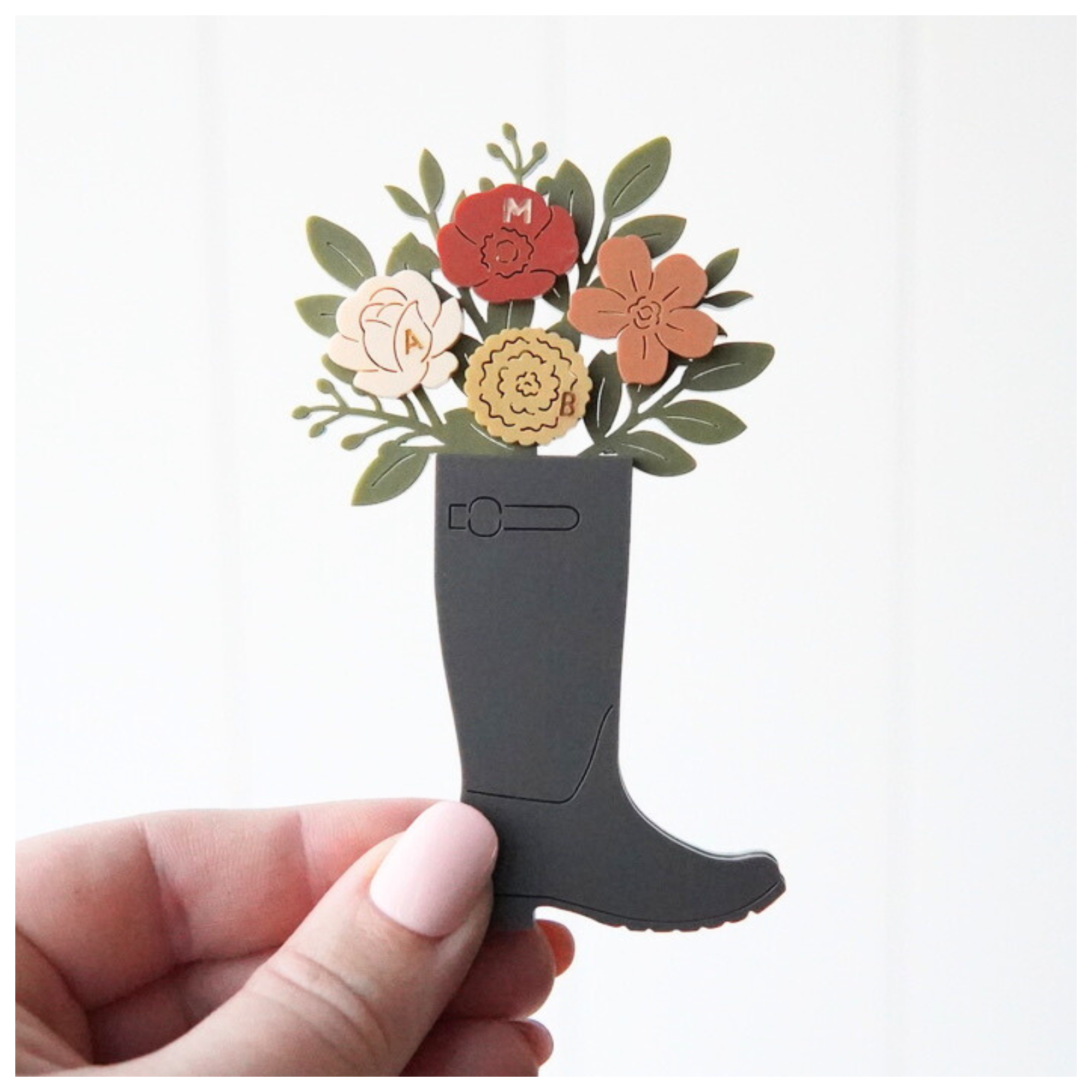 Personalized Birth Flower Rain Boot Magnet – Custom Family Initials Bouquet Fridge Magnet or Keychain Gift for Mom & Grandma