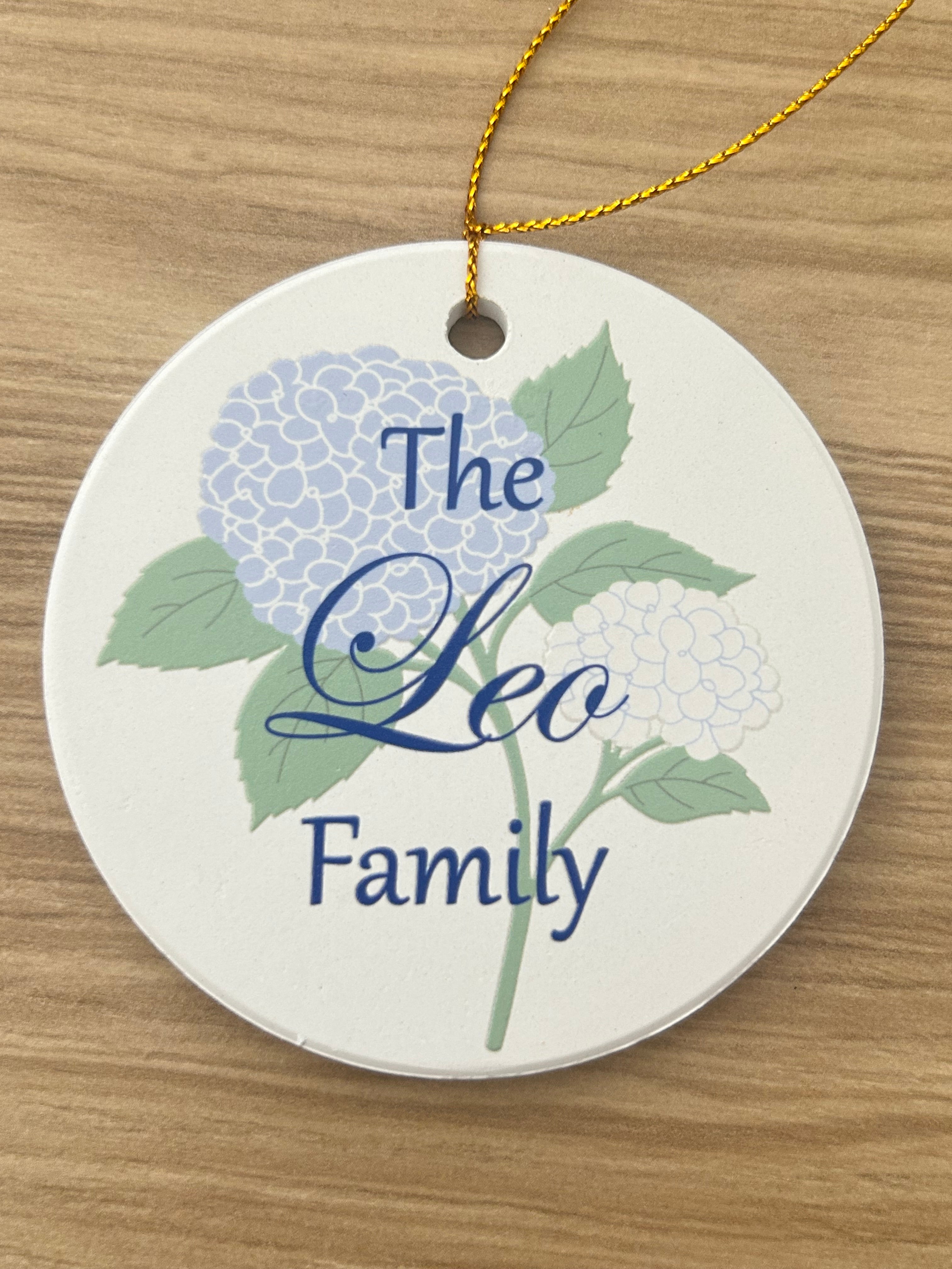 Personalized Hydrangea Family Christmas Ornament - Custom Blue Floral Family Name Round Ceramic Ornament, 3 Inch