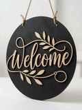 Custom Welcome Sign | 11" Round Laser Cut Wood Door Hanger | Personalized Black with Natural Maple Lettering