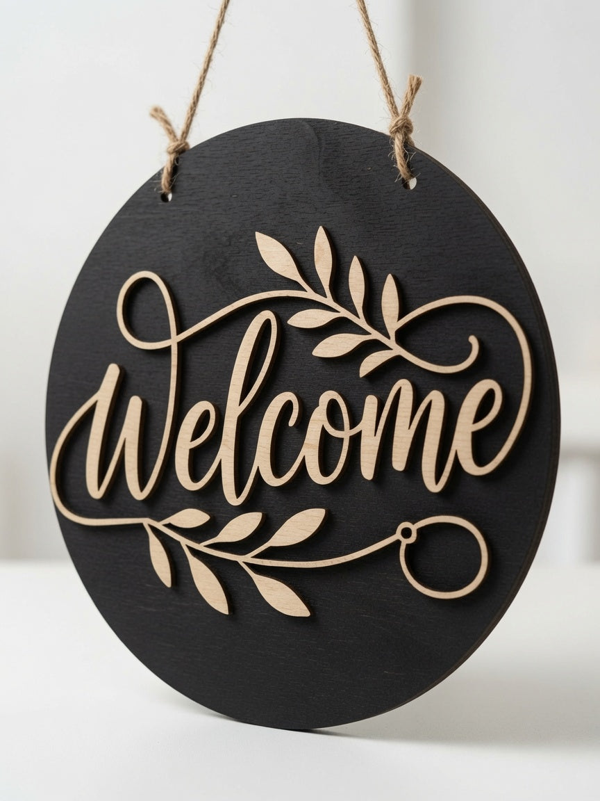 Custom Welcome Sign | 11" Round Laser Cut Wood Door Hanger | Personalized Black with Natural Maple Lettering