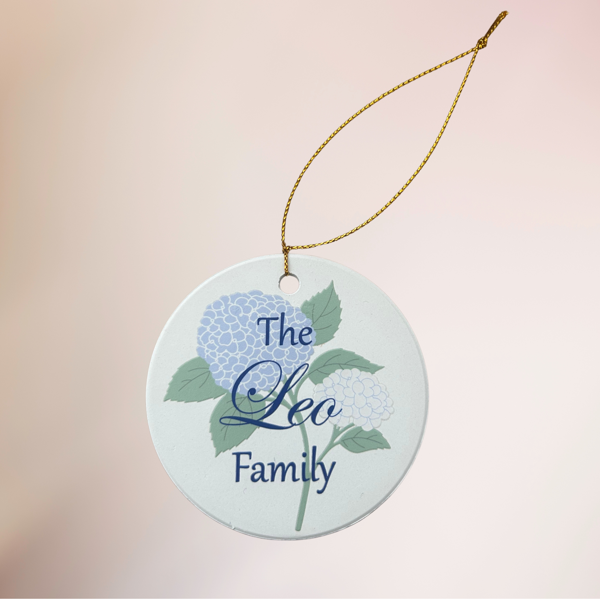Personalized Hydrangea Family Christmas Ornament - Custom Blue Floral Family Name Round Ceramic Ornament, 3 Inch
