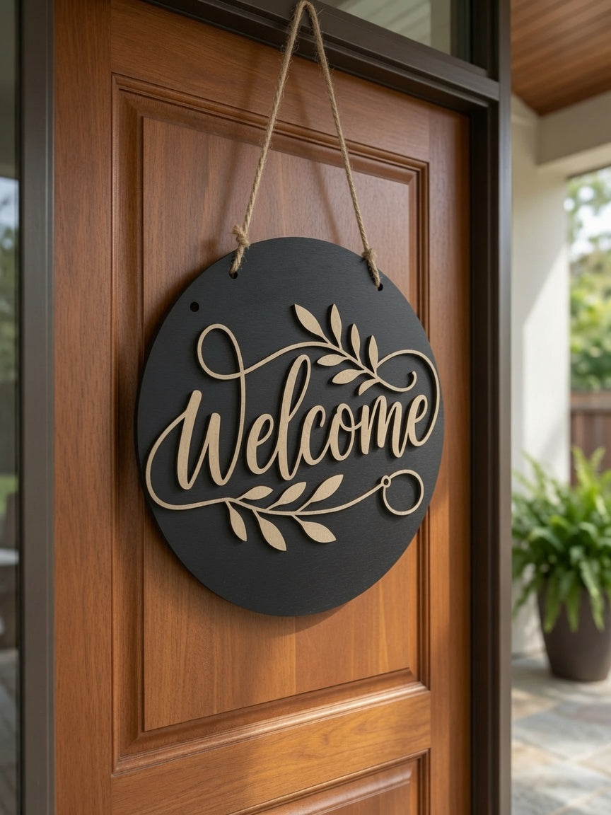 Welcome Sign for Front Door | 11" Round Wooden Door Hanger | Rustic Farmhouse Porch Decor
