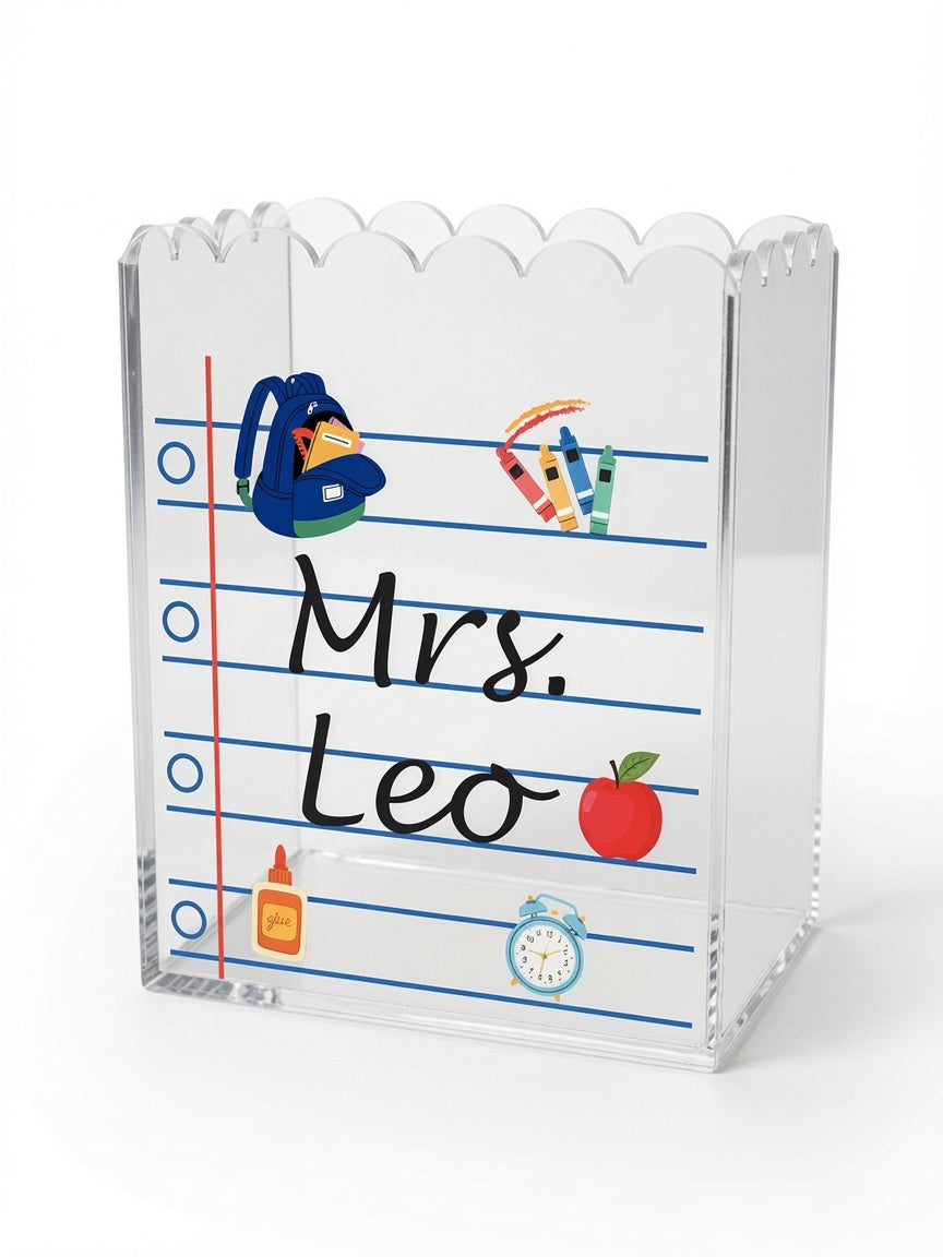 Personalized Teacher Storage Bin | Custom Clear Acrylic Desk Organizer with School Icons | Teacher's Personalized Gift